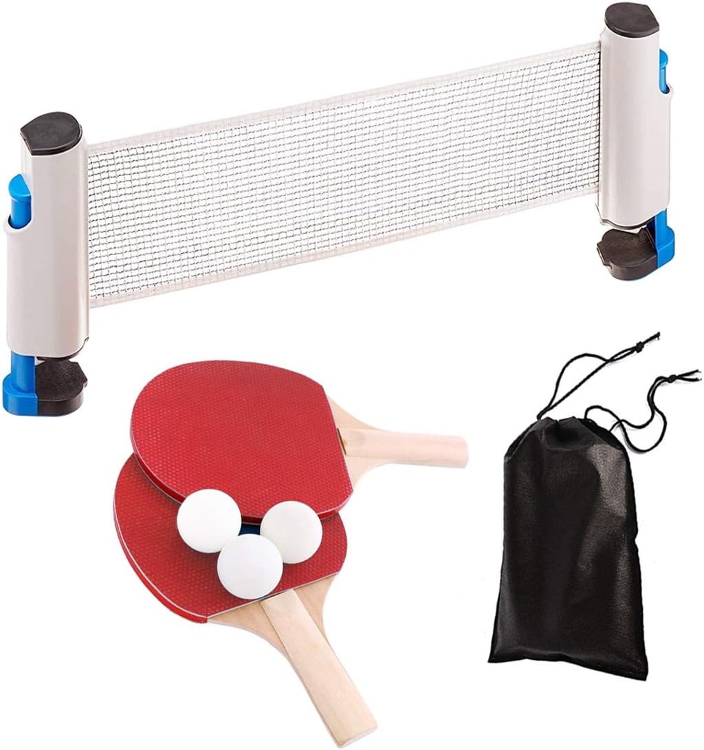 Auspicious beginning Table Tennis Set, Ping Pong Ball Set Portable Retractable Table Tennis Nets with 2 Table Tennis Paddles 3 Balls for School, Home, Office Indoor Outdoor Game