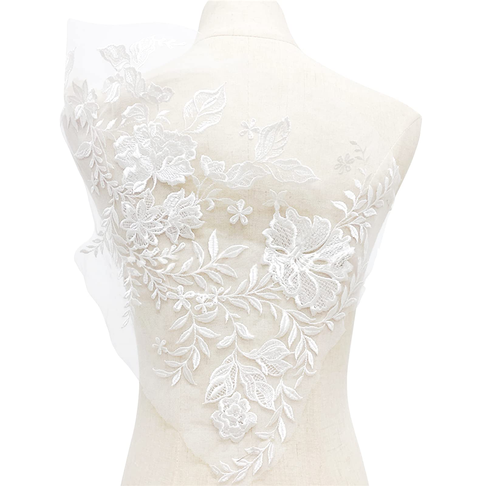 URROMA 4 Pcs Embroidery Lace, White Applique Sewing Flower Fabric Patch Motif Wedding Gown Dress Bridal DIY Crafts