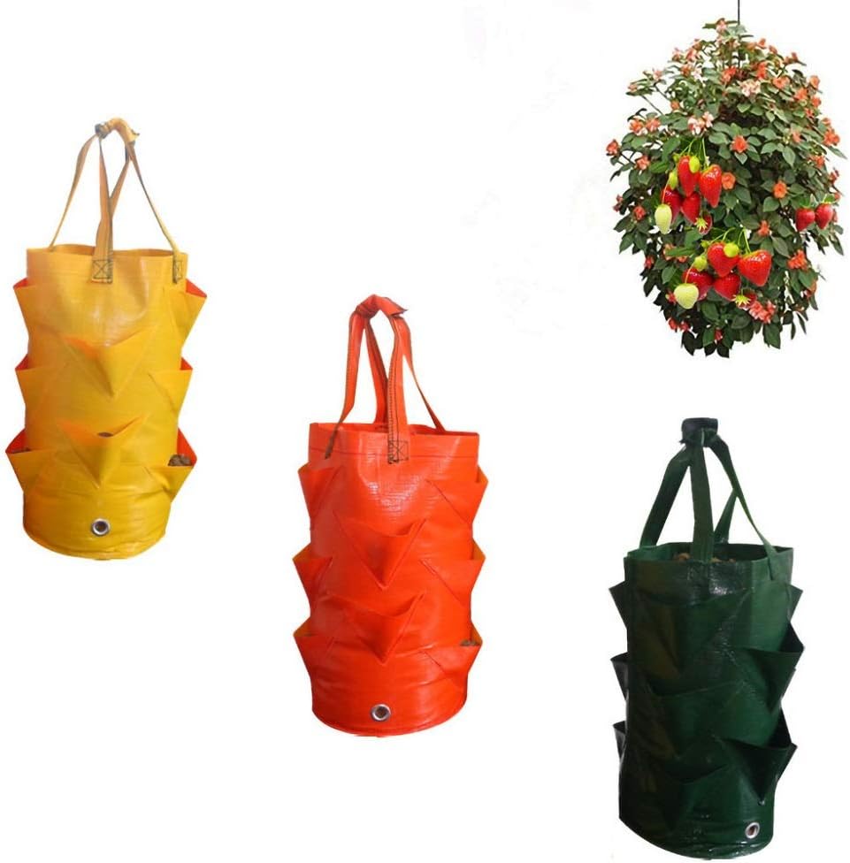 SuperThinker 3 Pack Gardens Hanging Planter Growing Bag with Handles Wall Planter Pouch for Strawberry Bare Root Plants, Herbs, Flowers Home Decoration (3pack)
