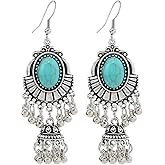 Boho Handmade Vintage Turquoise Earrings for Women Dangling Silver Bohemian Colorful Inlaid Stones Geometric Engraved Flower Pattern Round Long Tassel Drop Earrings Western Jewelry Gifts