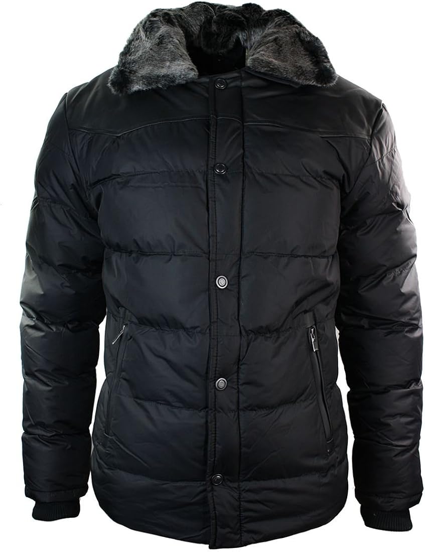 Mens Puffer Down Slim Fit Quilted Jacket Fur Collar Winter Black Mid