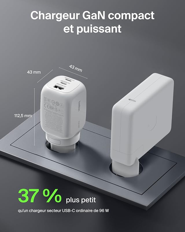 Chargeur Secteur GaN 3 Ports USB-C 100 W, 2 Ports USB-C et 1 Port USB-A, Fiches électriques UE/R.-U. / É.-U., pour MacBook, iPhone, iPad Pro, Samsung Galaxy, Google Pixel, etc - Blanc