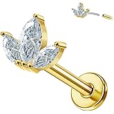 Designfy 14K Gold Threadless Cartilage Earring 1 Pcs Top Push in CZ Flat Back Nose Stud Lip Ring Threadless Earring Helix Stud Tragus Piercing Jewelry for Women Men 6mm/8mm