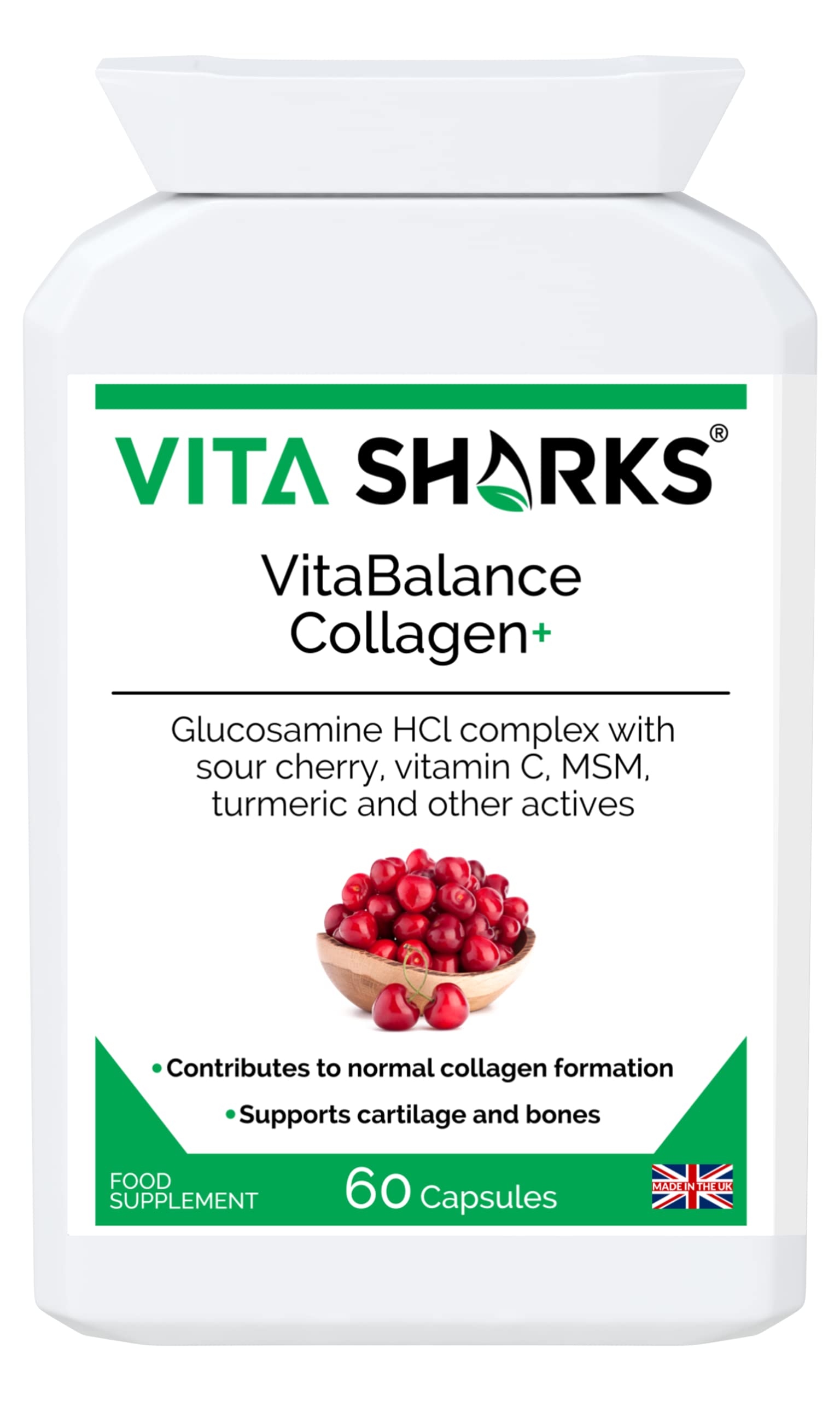 VitaBalance Collagen+ 60 Capsules for Skin, Hair, Nails, Joints & Connective Tissue. Vitamin C & E, Iron, Glucosamine HCL Complex, Sour Cherry, MSM, Turmeric & More for Added Immune Support