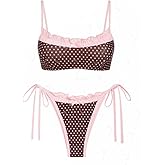 Seamolly Vintage Gingham Ruched Ruffles Trim Bowknot Decor Tie Side Bikini Set