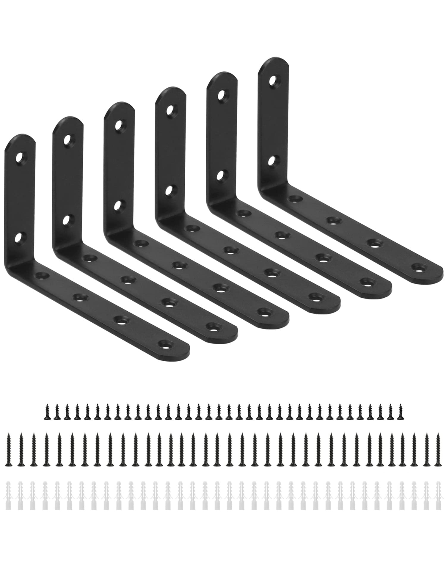 QWORK® 6 Pieces Shelf Bracket, L Bracket, Brackets for Shelves, Shelf Support, with Screws and Expansion Tubes, 125x75x20mm, Black