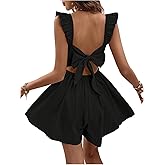 SweatyRocks Women's Bow Tie Back Ruffle Sleeveless Wide Leg Rompers Summer Vacation Short Jumpsuit