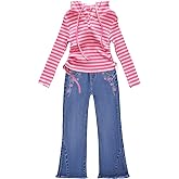 Peacolate 2-10Years Little Big Girls 2pcs Clothing Set T Shirt and Blue Embroidered Jeans