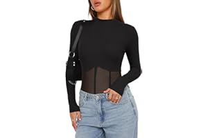 Darong Women Long Sleeve Bodysuit Crew Neck Sexy Mesh Sheer Panels Bodysuits Shirt Tops