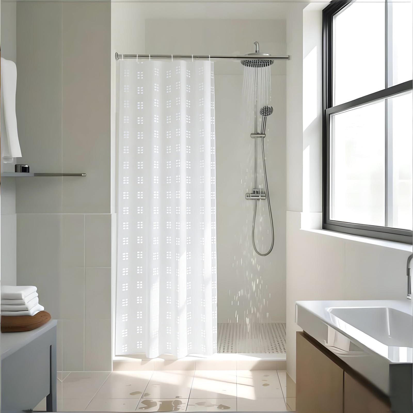 YISURE Narrow White Textured Shower Curtain for Bathroom Tub, Waterproof Fabric, 35" W x 71" L / 90x180cm, With Plastic Hooks — image 1