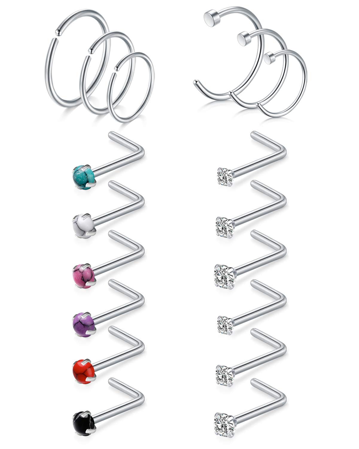 AceFun 18G 1.5-3mm Tophus Diamond CZ Nose L Shaped Studs Nose Hoop Rings Silver Lip Tragus Cartilage Rings Piercing Jewelry 18PCS