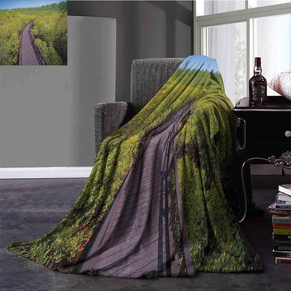Fleece Twin Size Blanket,Jungle Luxury Blanket Wooden Pathway to Forest Trees Boardwalk Foliage Mysterious Journey Woodland Breathable Green Mauve Blue