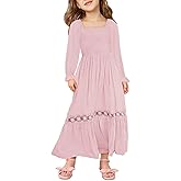 Haloumoning Girls Boho Summer Dresses Long Sleeve Square Neck Smocked Beach Dress Flowy A-line Maxi Dress 4-14 Years