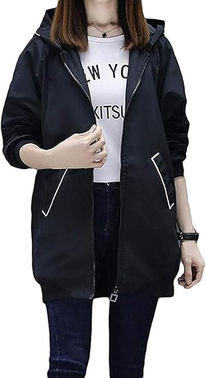 Amazon Taohua レディース 長袖 アウター ゆったり ジップアップ ブルゾン フード付き ジャンパー 無地 カジュアル アウター ストリート スポーツウェア 秋服 Xl ブラック コート ジャケット 通販