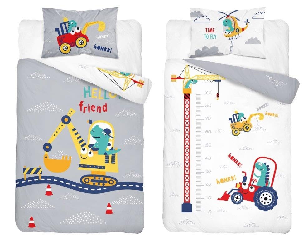 Reversible Bedding Set Crain Truck Building Site Digger Diggers Construction grey Blue Bedding for Baby Boy Cot Bed Duvet Cover & Pillow Case … (100x135cm)