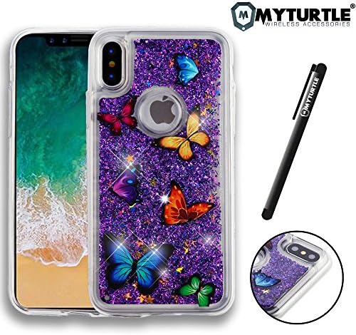 MyTurtle Shockproof Slim-fit Case Silicone Rubber Shell Luxury Cute Cover Non-Slip Full-Body Protective Bumper with Stylus Pen for iPhone X iPhone 10 (Butterflies Purple Quicksand Liquid Glitter)