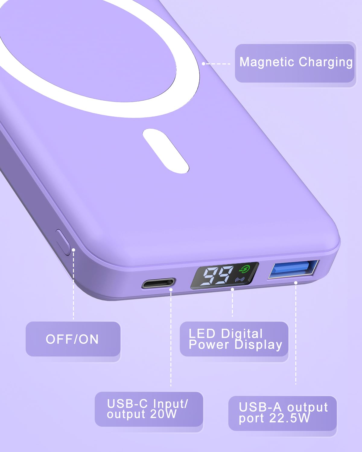 podoru for Magsafe Battery Pack, 10000mAh Magnetic Power Bank with Type-C Cable LED Display 22.5W PD Fast Charging Wireless Portable Charger for iPhone 16/15/14/13/12 Series-Purple