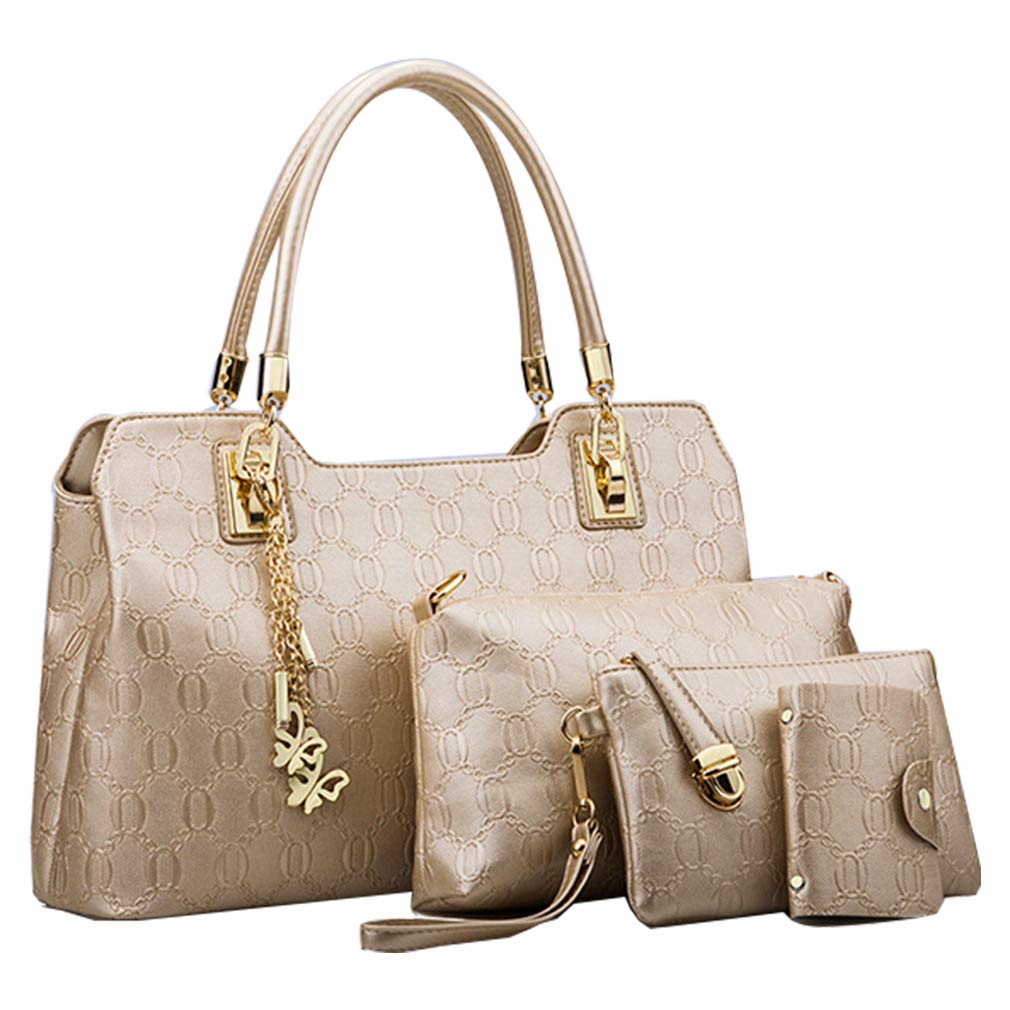 Pahajim Ladies Bags and Purses Sets PU Leather Handbag Messenger Bag 4 Pieces Women Purse Shoulder Bag Tote Bag Bear Key Chain Card Purse in Golden (4pcs set) (gold)
