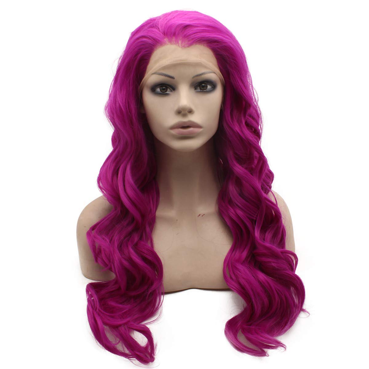 Iwonawig 24inch Long Purplish Red Synthetic Hair Fiber Wavy Lace Front Wig Half Hand Tied