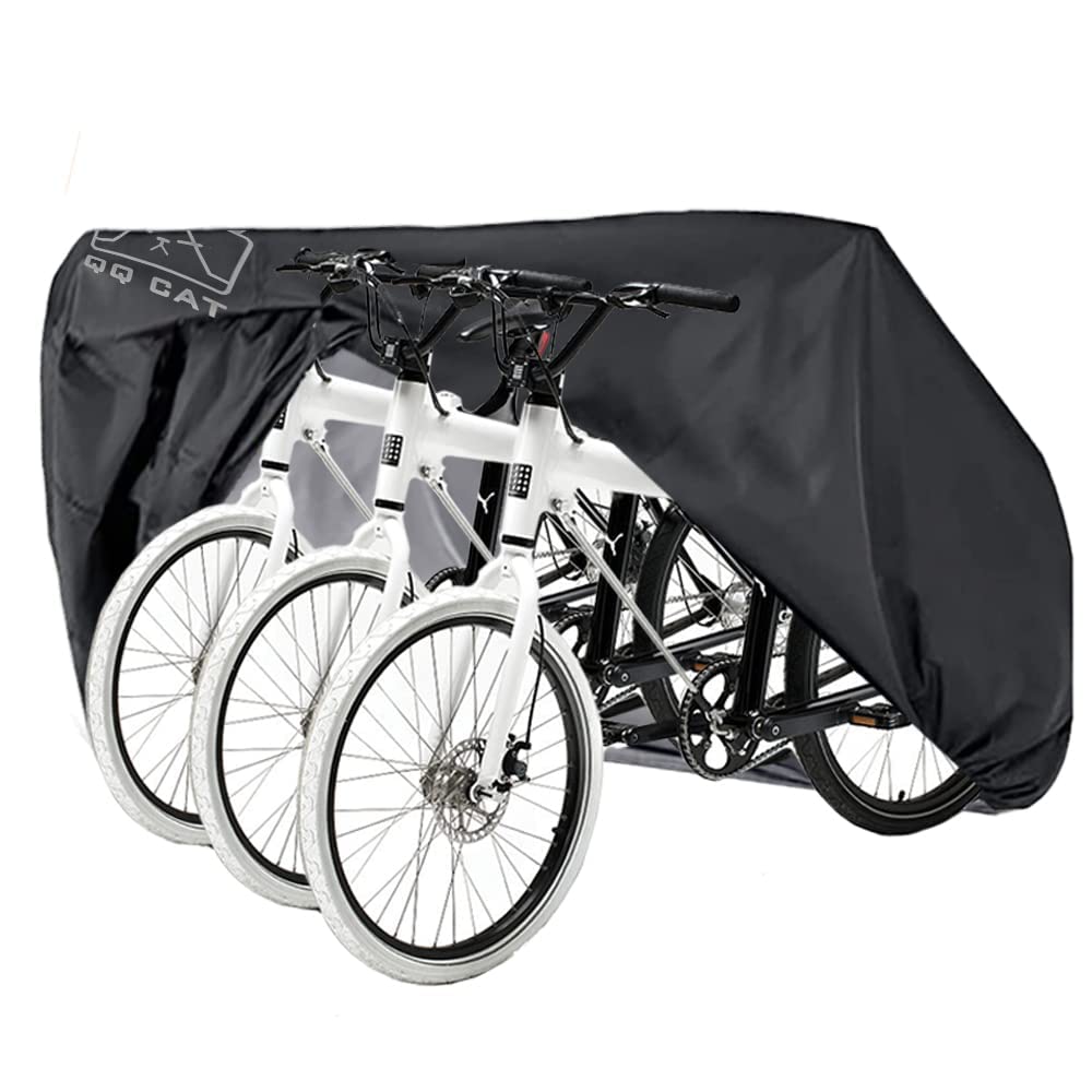 Bike Cover for 3 Bikes, 210T Nylon Waterproof Outdoor Large Bicycle Cover with PU Coating, QQ CAT Heavy Duty Rain Sun UV Dust Protection, Windproof Buckle & Drawstring, 200x105x110 cm