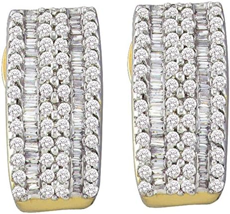 14kt Yellow Gold Womens Round Baguette Diamond Vertical Stripe Hoop Earrings 7/8 Cttw
