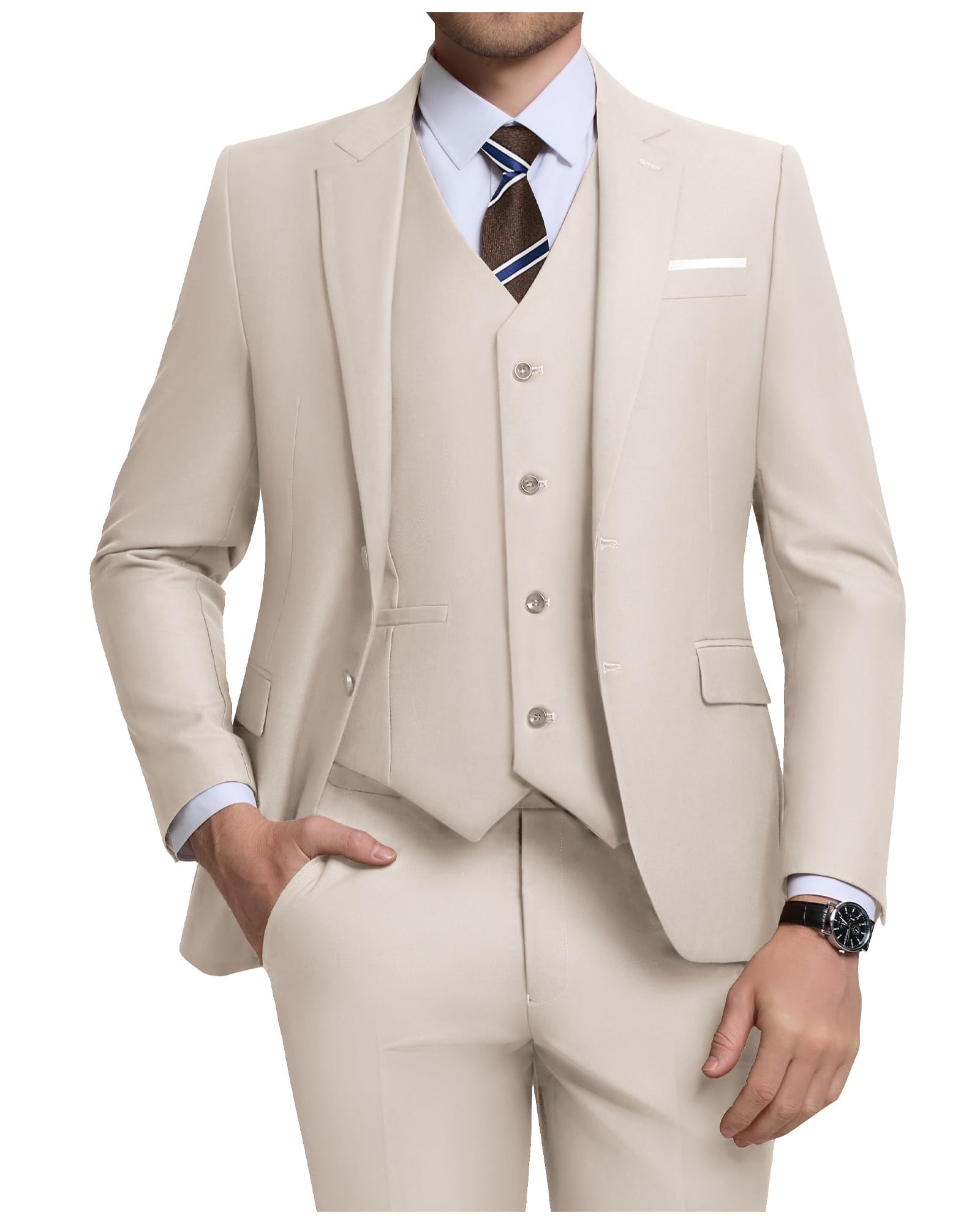 Photo 1 of ZKHOECR Men Suits Slim Fit Light Champagne Suits for Men 3 Piece Suit Jacket Vest Pants Set Prom Suit Weddingn Tuxedo Suits M