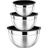 P&P CHEF Black Mixing Bowls with Lids, Set of 3, Stainless Steel Salad Nesting Bowl for Mixing, Storing, Prepping, Airtight & Stackable, Size 4.6/3 /1.5 QT