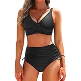 Aqua Eve Women High Waisted Bikini Twist Front Swimsuits Lace up Bikini Tops Ruched Push up 2 Piece Bathing Suits
