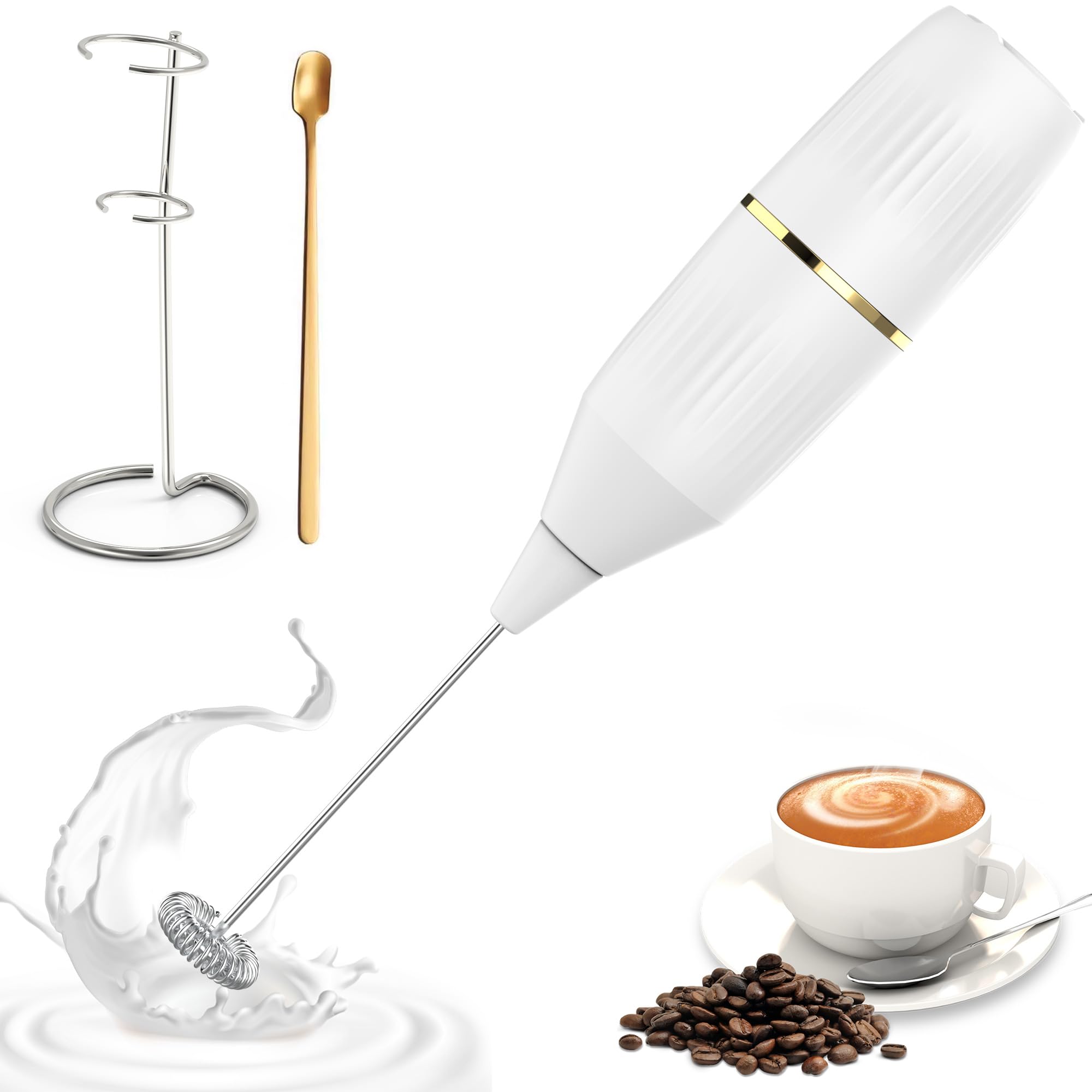 Photo 1 of Homexup Handheld Milk Frother 14,000 RPM Drink Mixer Wand with Stand & Stirring Spoon Quiet One-Button Operation, Non-Slip Handle, Detachable Whisk Head for Coffee, Lattes, Cappuccinos, Matcha (White)