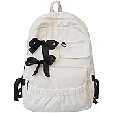 MININAI Cute Coquette Corduroy Backpack Bow Tie Large Korean Travel Book Bag College Aesthetic Preppy Daypack for Women (White Black)