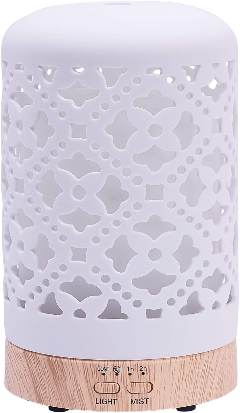 Altrasonic Diffuser for Essential Oil, White Ceramic Aromatherapy Diffuser with 4 Timer&7 Color Changing Light, Cool Mist Humidifier for Home Office Bedroom, BPA-Free（Medallion）