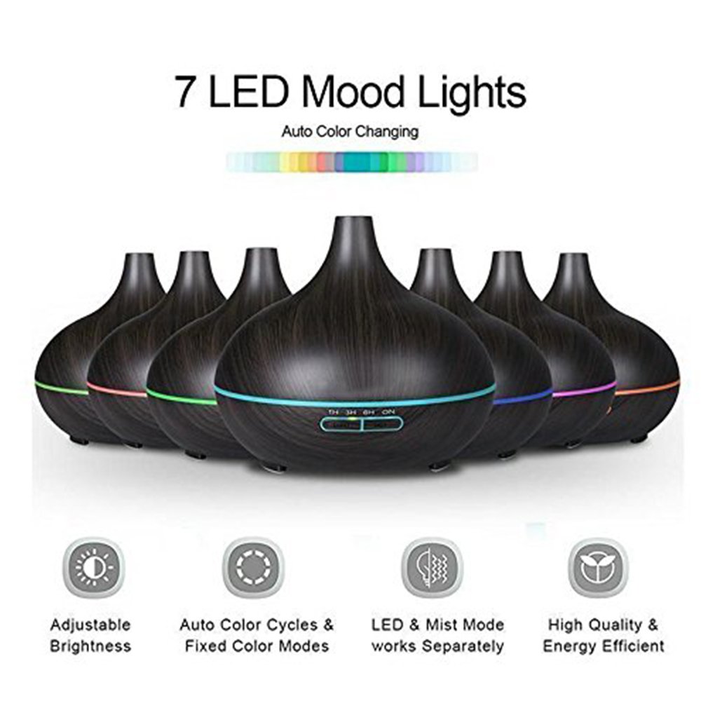 Essential Oil Diffuser, 300ml Cool Mist Ultrasonic Aroma Diffuser, Air Humidifier Wood Grain with Waterless Automatically Shut-off for Office Home Yoga Spa-Black