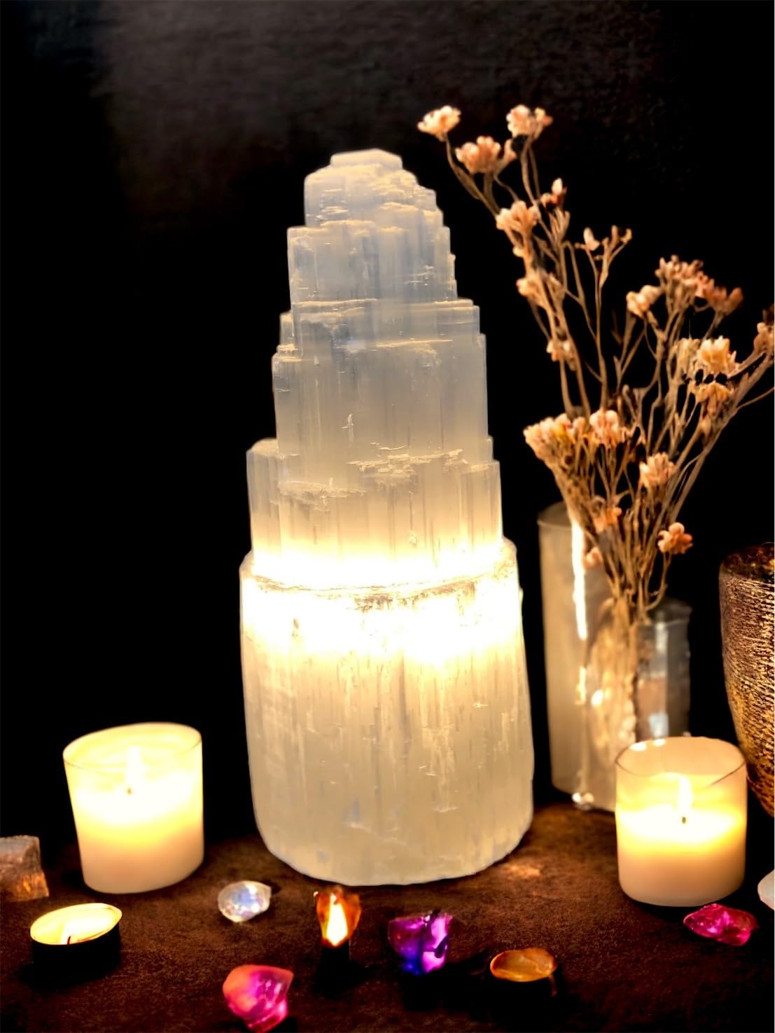 vingardium leviosa Pure Selenite Crystal Natural Light Mountain Tower Lamp Handmade Natural Energy Healing Clarity and Meditation Lamp Home Decoration TableLamp Mineral Christmas Occasion Gift (20cm)