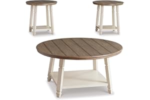 Signature Design by Ashley Bolanbrook Farmhouse 3-Piece Table Set, Includes 1 Coffee Table and 2 End Tables with Lower Shelf, Antique White & Brown