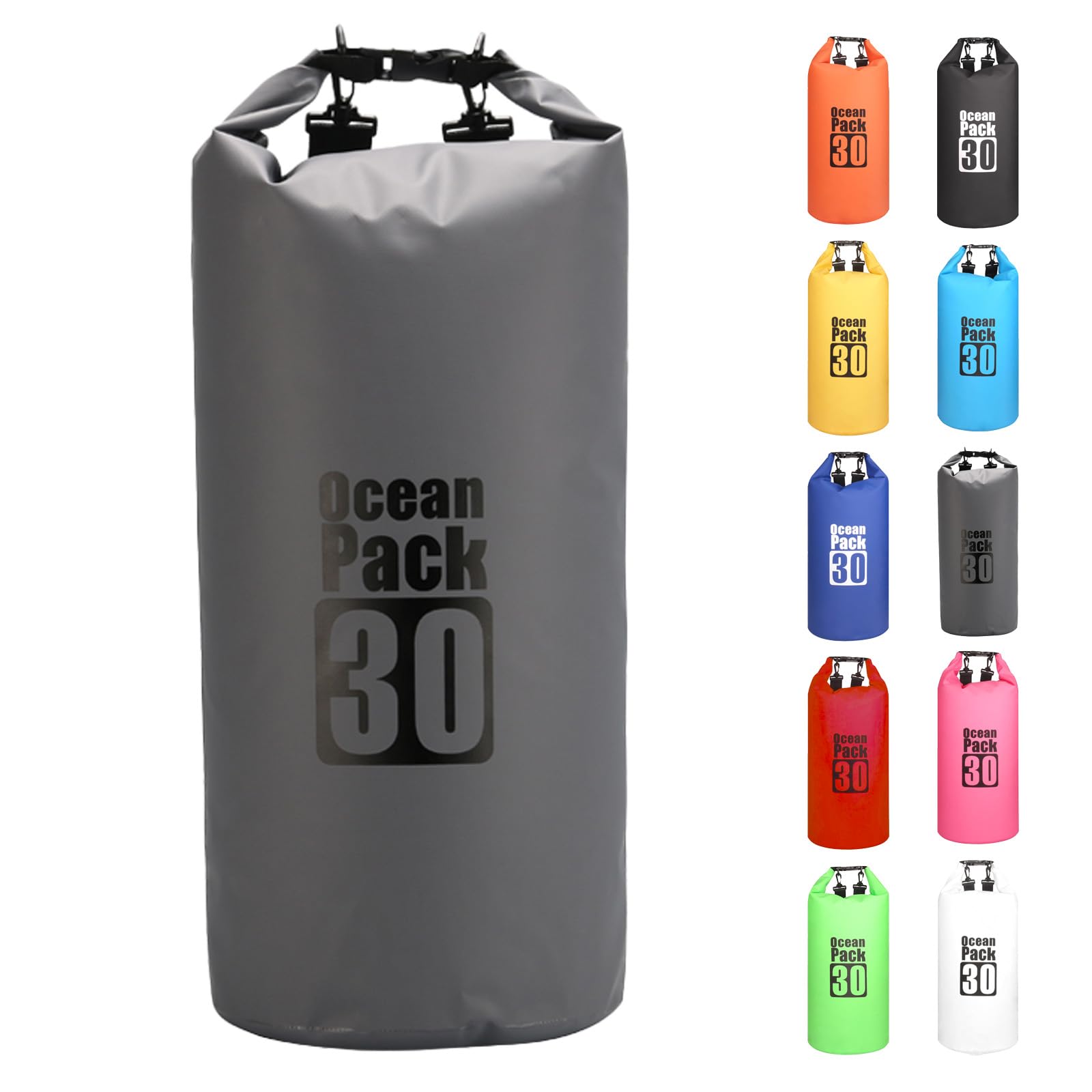 MORAINJAY 30L Grey Dry Bag,Waterproof Bag with Double Adjustable Shoulder Strap,Large Capacity Dry Sack 2L 5L 10L 15L 20L 30L for Outdoor Camping,Rafting,Swimming,Boating,Surfing