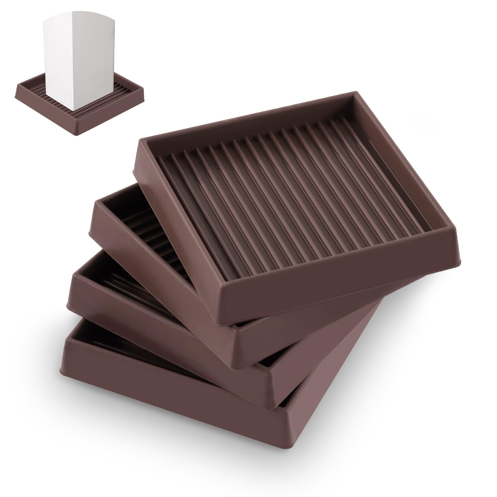 Rustark 4Pcs 75mm 3 Inch Brown Square Rubber Caster Cups Non Slip Furniture Square Pads Coasters Square Pads Hardwoods Floors Protectors Non Skid Square Furniture Feet Caps for Bed Couch Tables Chair