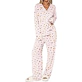 Dressmine Ladies Long Sleeve Cute Pajama Sets 2 Piece Fall Outfits Button Up Pjs Set Loungewear