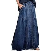 ebossy Women's Casual Elastic Waist Frayed Hem A-Line Distressed Hippie Long Maxi Denim Skirt