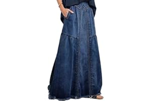 ebossy Women's Casual Elastic Waist Frayed Hem A-Line Distressed Hippie Long Maxi Denim Skirt