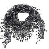 Fanhong Lace Tassel Sheer Burnt-out Floral Print Triangle Mantilla Scarf Shawl Neck Wrap Black