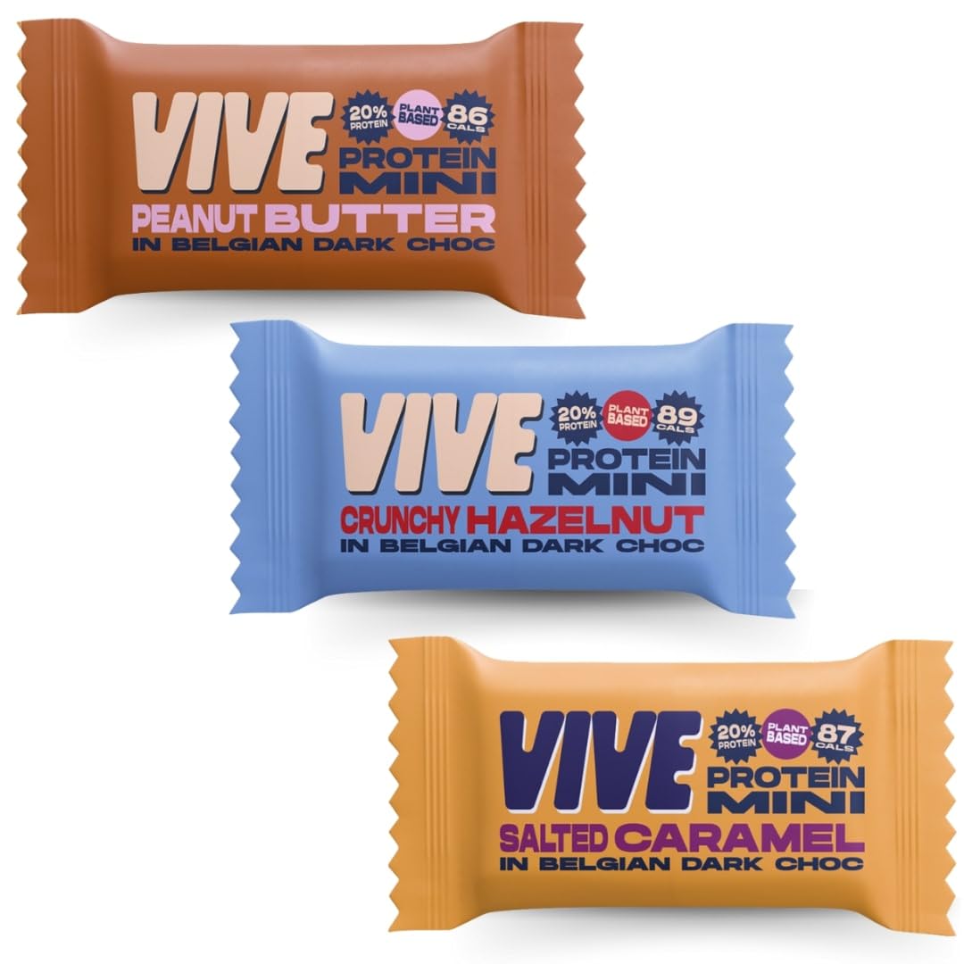 Vive Dark Chocolate Coated Mixed Box Protein Bites - Gluten Free and Vegan - High Fibre Mini Protein Bars - Pack of 21