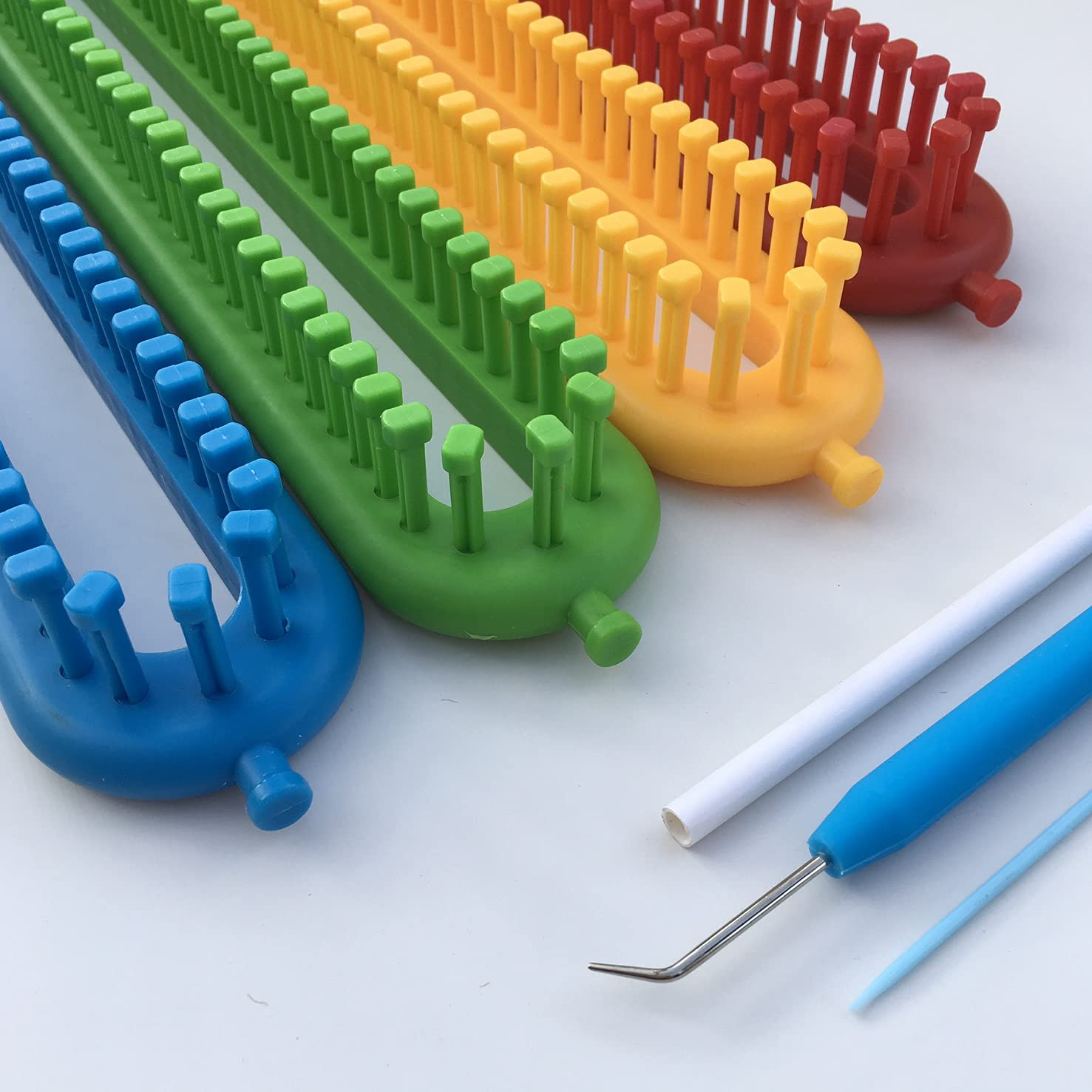 KnitUK Long Knitting Loom Set of 4 Looms with pegs All Fitted. Medium Gauge Configuration.