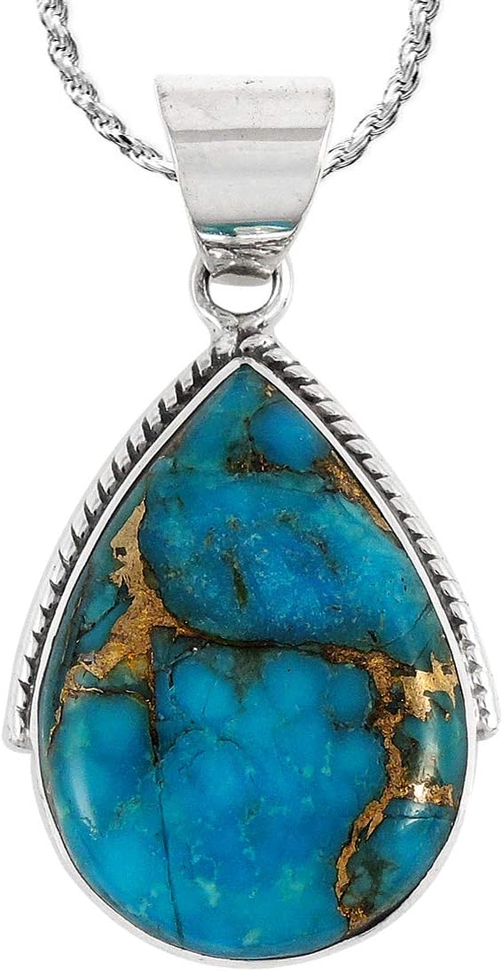Turquoise Necklace Pendant 925 Sterling Silver Genuine Gemstones (with 20" Rope Chain)