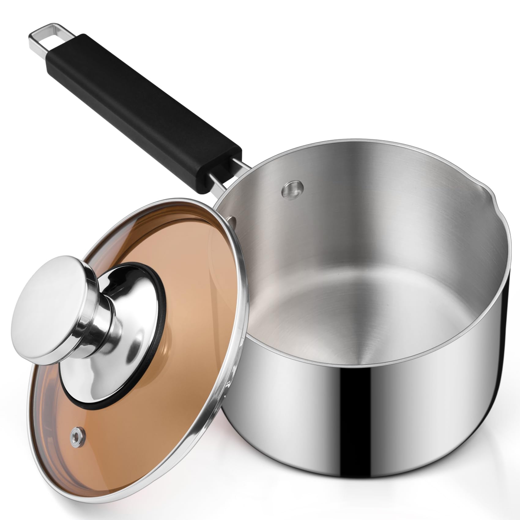 Onader 16cm Saucepan, Tri-Ply Stainless Steel Sauce Pan with Glass Lid, Induction Safe Milk Pan for Kitchen Cooking, Pouring Spout & Heatproof Handle, Mirror Finished & Easy Clean - 1.9 L