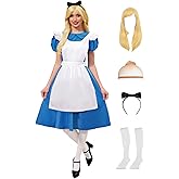ALIREVERIE Womens 6Pcs Halloween Blue White Puff Sleeve Dress with Wig Apron Headband Socks XS-XXL
