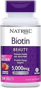 Natrol Biotin 5000 mcg, Strawberry Flavor, Fast Dissolve Tablets, Extra Strength, 250 Count