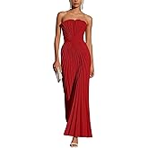 Cudiew Strapless Satin Wedding Guest Dresses Pleated A Line Long Formal Evening Cocktail Dress for Women
