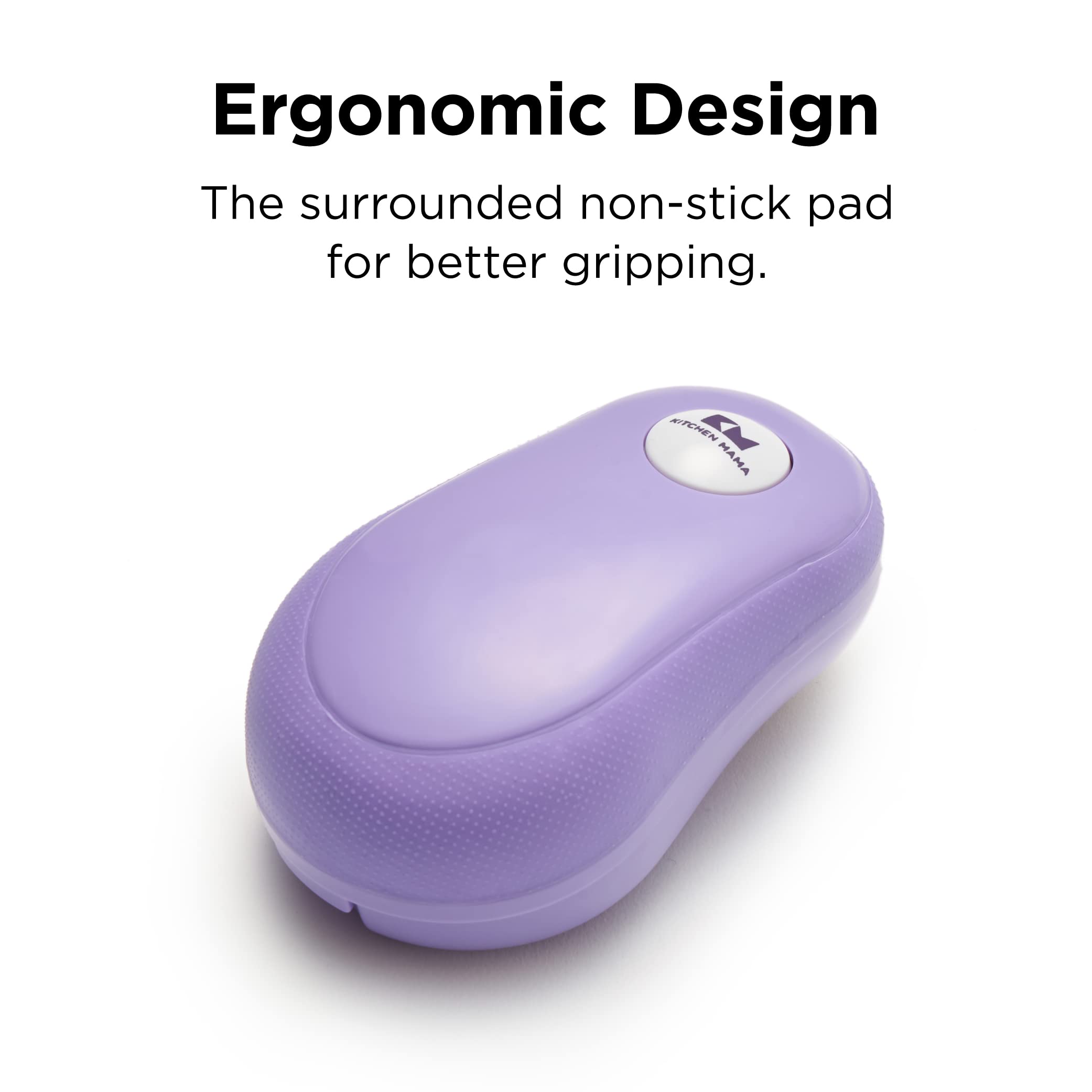 Kitchen Mama One Touch Electric Can Opener: Open with Simple Press of A Button - Auto Stop As Task Completes, Ergonomic, Smooth Edge, Food-Safe, Battery Operated (Purple)