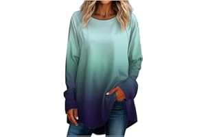 GENERIC Womens Tops Casual Plus SizeLong Sleeved Round Neck Gradient Printing T-Shirt Top Pullover