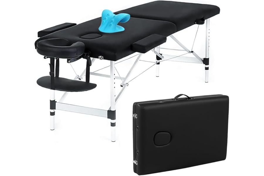 VIRRMO Portable Massage Table with Neck Stretcher, Light Weight 84 in Massage Bed Adjustable Lash Bed Tattoo Table for Eyelash Extensions Beauty Spa (Aluminum, Black)